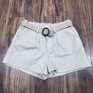 Womens Pleated Belted High-Waist Khaki Cotton Blend Shorts M Belt Travel Outdoor